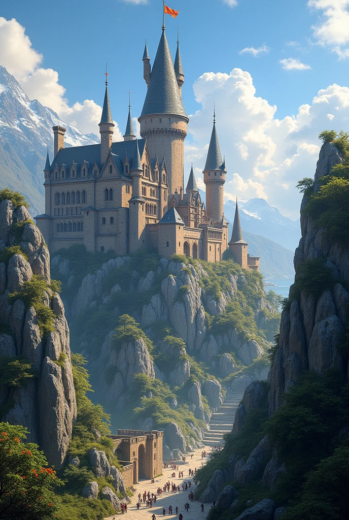 A huge kingdom surrounded by stone walls, at its center a castle with pointed towers