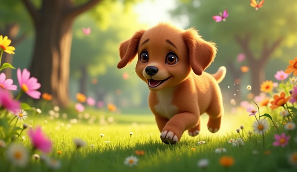 A brown puppy,com olhos castanhos,in Disney pixar style 