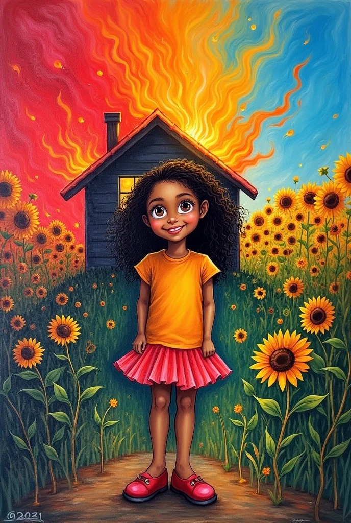 A painting by a person with a mental disability、Drawn with crayons、A girl in the middle、A house on fire behind、Left is dark、Right is bright