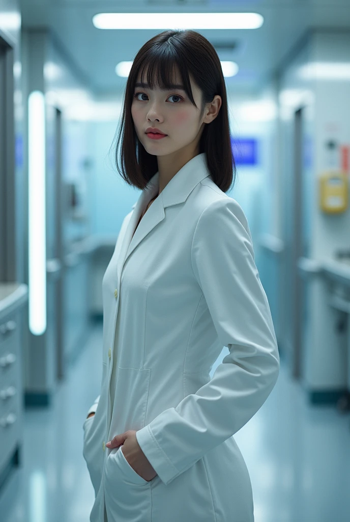 Female doctor,Wearing a doctor's uniform、White,Realistically,Dynamic Light,Brush Cut,Thin body type,Cleavage,Full Shot,(Highly detailed CG synthesis 8k wallpaper),High detail,Get into sharp focus,dramatic,eyelash,Photorealism、sexy
