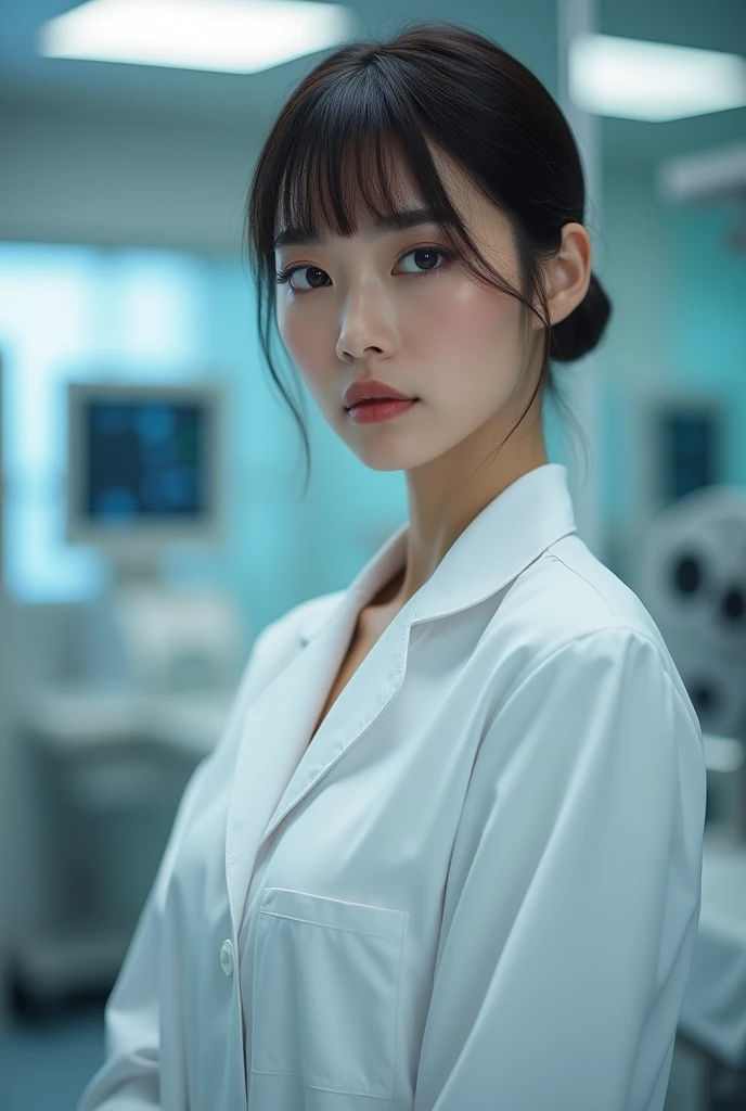 Female doctor,Wearing a doctor's uniform、White,Realistically,Dynamic Light,Brush Cut,Thin body type,Cleavage,Full Shot,(Highly detailed CG synthesis 8k wallpaper),High detail,Get into sharp focus,dramatic,eyelash,Photorealism、sexy