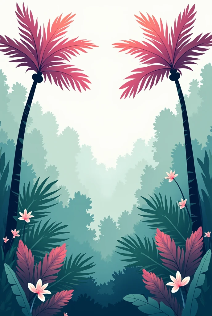 Minimalist illustration of a forest with exotic leaves , pink and purple palms and flowers