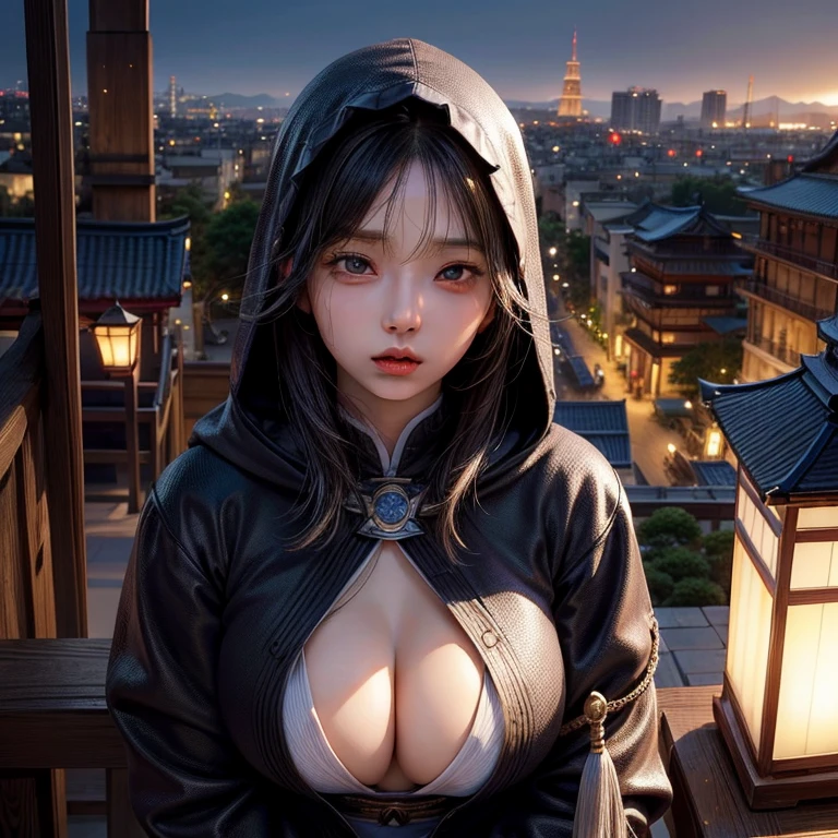 Highest quality、8k、masterpiece、Ultra-high resolution、Raw photo、(Photorealistic:1.4),魅力的な日本人woman、 Incredibly detailed face and skin texture、Glossy skin、(Beautiful Face:1.3)、Detailed beautiful eyes、Thick eyebrows、Deep-set eyelids、eye shadow、(Realistic eyes:1.3)、Rounded Nose、Rounded jaw、Perfect body、whole body像、19 years old、強くて繊細なwoman、Assassin、Creed、Garment Details、assassin、Ninja、woman、whole body、Detailed eyes、Hooded Robe、dagger、Japanese sword、Japan Night、City、rooftop、Very detailed facial features and manga-style visuals