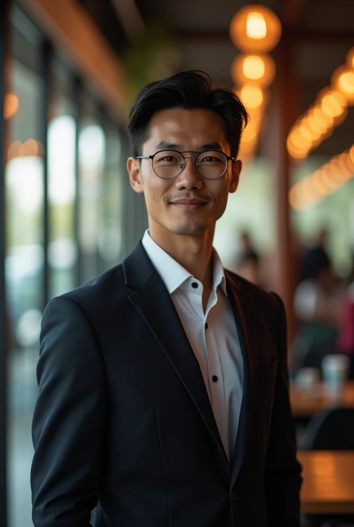 1boy,30 ages ,people of thailand descent, handsome male, face, no beard, office background, wearing glasses, suit outfit, very attractive, blurry_background, (high detailed skin:0.8), 8k uhd, dslr, soft lighting, HDR, warm light, high quality, film grain, Fujifilm XT3,