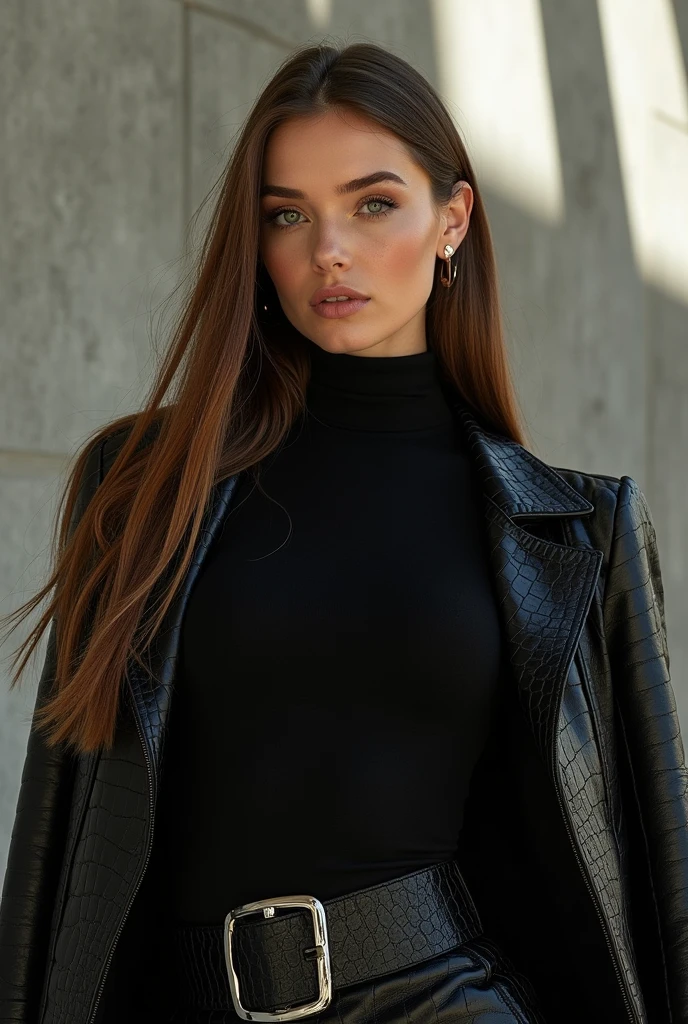 Very beautiful Slavic woman, pale skin, long light brown hair, long straight hair, black turtleneck, black crocodile jacket with unbuttoned buttons, Wide leather strap, Fashionable elegant pose from a fashion magazine, Sinister grin, gloomy atmosphere, Sun glare on the face, narrow pupils, Beautiful hands, wide shoulders, athletic , Futuristic, Brutal background, Photoshoot for a fashion magazine