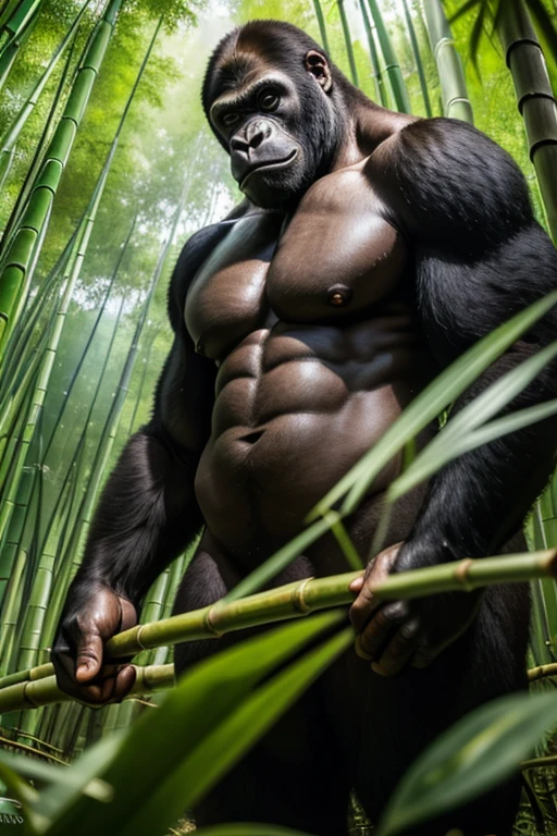 best quality, high quality, ultra quality, 8k, masterpiece, detailed, extremely detailed, insanely detailed, ultra detailed, ultra highres ,exquisite, lifelike Images,cinematic experience,UHD picture,Realistic,photorealistic,hyperrealistic,vivid,RAW photo,shot by DSLR, Giant Bamboo forest, Bamboo trees, Gorilla prowling in the bamboo forest, bamboo trees, Gorilla in the bamboo forest, actually looking Gorilla, pure Gorilla, it's a Gorilla, gorilla animal, gorilla is in the bamboo forest being a gorilla