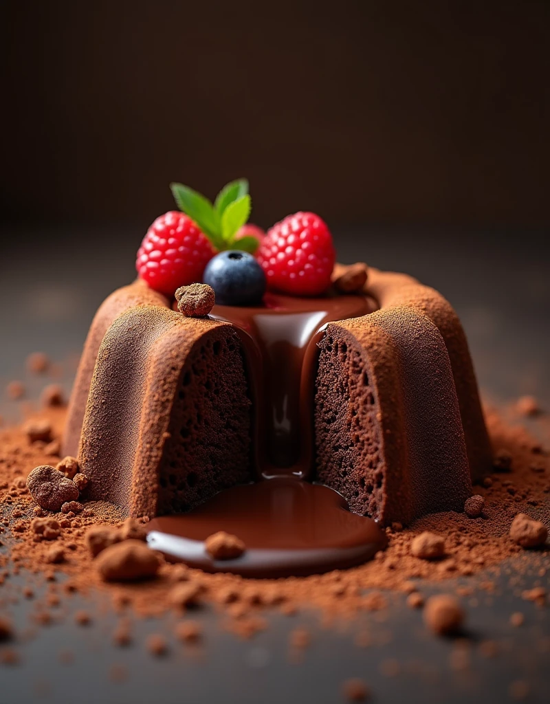 "Create a hyper-realistic, ultra-high-resolution image of a ChocoLava cake. The cake should have a rich, glossy chocolate exterior that appears perfectly moist and soft. The lava flow of molten chocolate should be oozing out, capturing a sense of decadence and indulgence. The overall presentation of the cake should be artistic, with a touch of elegance and sensuality. Include subtle details like a sprinkle of fine cocoa powder, a delicate dusting of powdered sugar, and perhaps a few strategically placed fresh berries or edible gold leaf to enhance the exotic and luxurious feel. The background should be minimalistic, with soft lighting that highlights the cake's textures and the seductive allure of the molten chocolate."