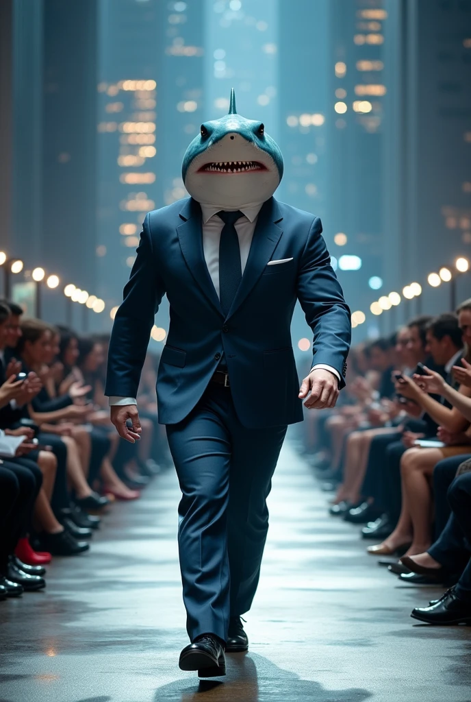 Funny giant head cute shark wearing muscular business suit in realistic full body fashion show