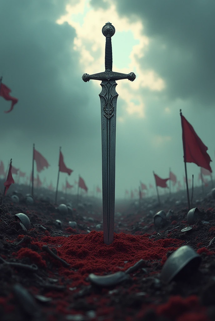 A battlefield with a sword stuck in the ground
