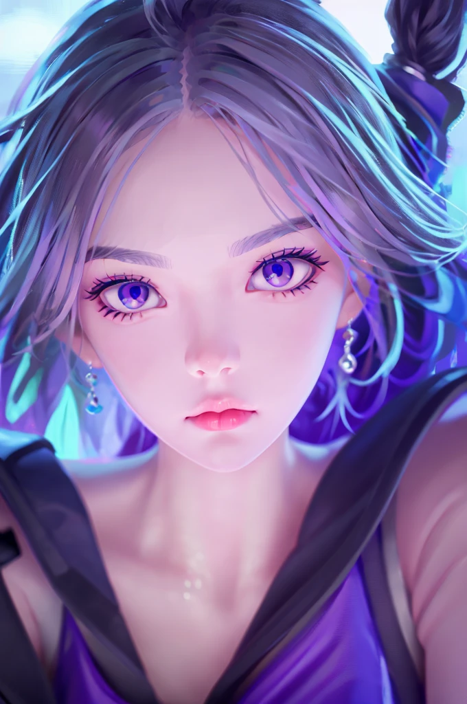 beautiful purple girl , wearing a bra, big beautiful detailed eyes, beautiful detailed lips, extremely detailed face, long eyelashes, portrait, fantasy, realistic, photorealistic, 8k, high quality, masterpiece, vibrant colors, soft lighting