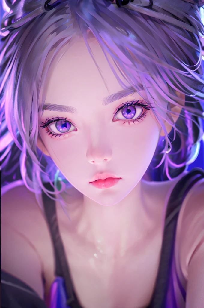 beautiful purple girl , wearing a bra, big  beautiful detailed eyes, beautiful detailed lips, extremely detailed face, long eyelashes, portrait, fantasy, realistic, photorealistic, 8k, high quality, masterpiece, vibrant colors, soft lighting