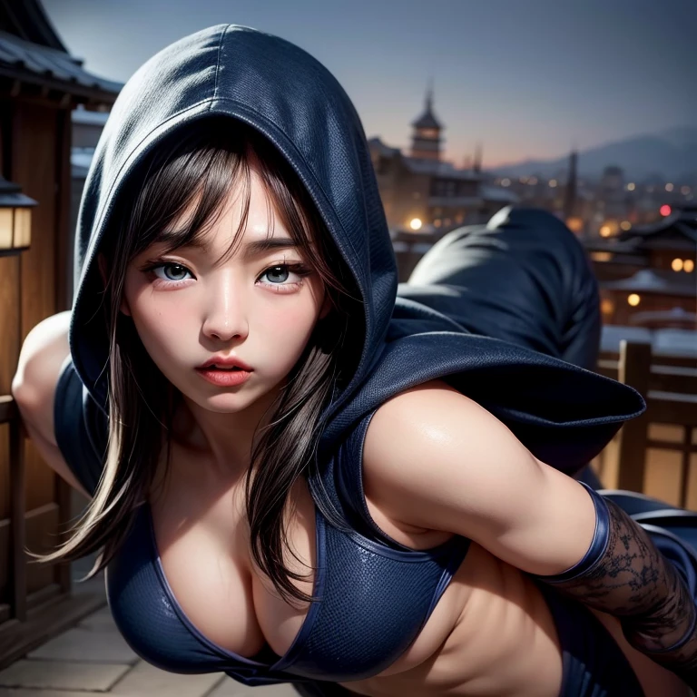 Highest quality、8k、masterpiece、Ultra-high resolution、Raw photo、(Photorealistic:1.4),魅力的な日本人woman、 Incredibly detailed face and skin texture、Glossy skin、(Beautiful Face:1.3)、Detailed beautiful eyes、Thick eyebrows、Deep-set eyelids、eye shadow、(Realistic eyes:1.3)、Rounded Nose、Rounded jaw、Perfect body、whole body像、19 years old、強くて繊細なwoman、Assassin、Creed、Garment Details、assassin、Ninja、woman、whole body、Detailed eyes、Hooded Robe、dagger、Japanese sword、Japan Night、City、rooftop、Very detailed facial features and manga-style visuals