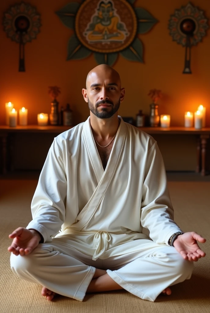 35 year old man, bald and shaved, 80,000 pesos, with a goatee and trimmed beard, serene face, He was wearing a white robe and was sitting in the lotus position at a yoga center., He's controlling his breathing. Warm interior background, meditative and spiritual. There are candles and quality lights, with Hindu ornaments. realistic photo, approach, clear, realism, spirituality