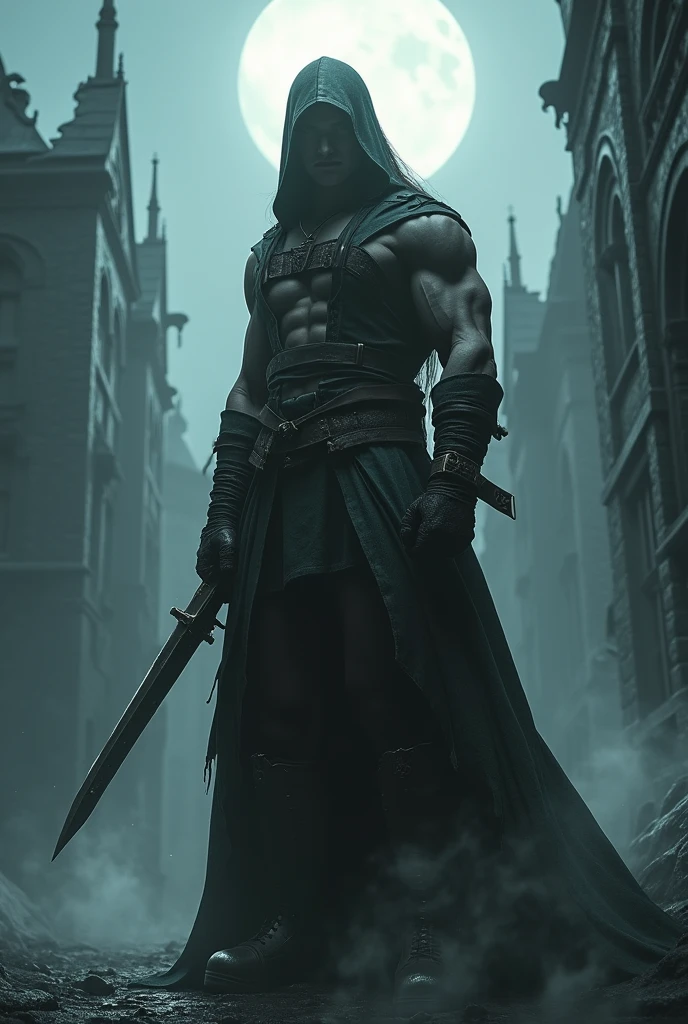 Character Lady Maria, from game Bloodborne, with muscles like a bodybuilder