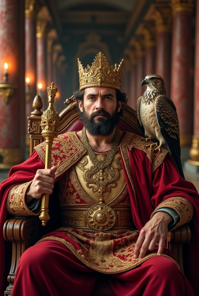 Imposing, strong, and handsome emperor with European features and a short beard, wearing a crown and holding a scepter, sitting on a throne with a falcon.