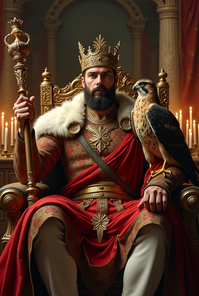 Imposing, strong, and handsome emperor with European features and a short beard, wearing a crown and holding a scepter, sitting on a throne with a falcon.