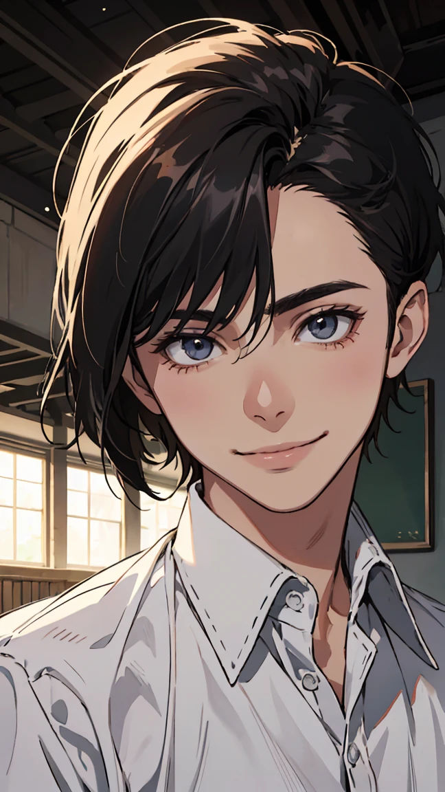 High school student, young man, teenager, kind and refreshing young man, smiling, honor student, wearing a white shirt, short black hair, short hair, center parted, 8k, high definition, front lighting, portrait, expressive, sharp focus, masterpiece