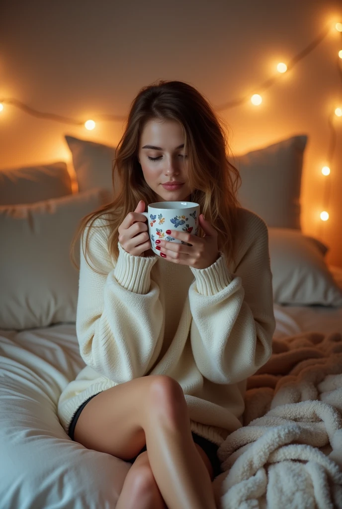 Woman wearing cycling shorts and sweater as sleepwear