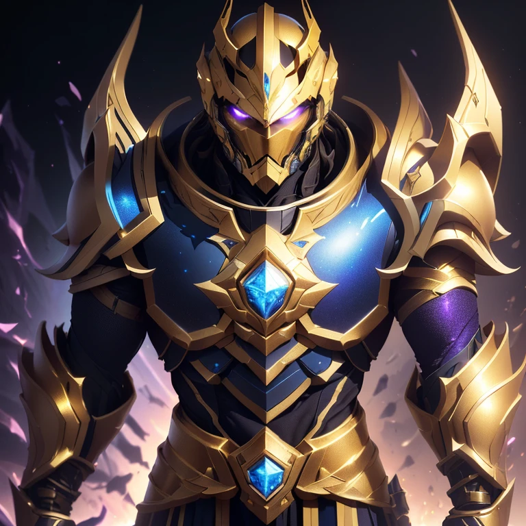 Focus on the Helmet: The image presents a male warrior in futuristic armor, with special emphasis on the helmet as a crucial element. The helmet fully encloses the head, featuring a sleek design with a golden metallic finish and a glowing blue visor.

Armor Design: The armor is cohesive, blending golden and dark metallic blue elements with a powerful and majestic look. The chest plate has a glowing gem in the center, adding a mystical touch.

Pauldrons and Arm Guards: Large, wing-like shoulder pads extend outward, polished in gold. The arm guards are sleek, combining gold and purple for flexibility and protection.

Leg Armor: The segmented leg armor in gold and purple is sturdy, with angular boots that convey strength and agility.

Background: The warrior stands against a dark cosmic backdrop, with dynamic lighting that emphasizes the glowing visor and central chest gem, highlighting the armor's imposing presence
