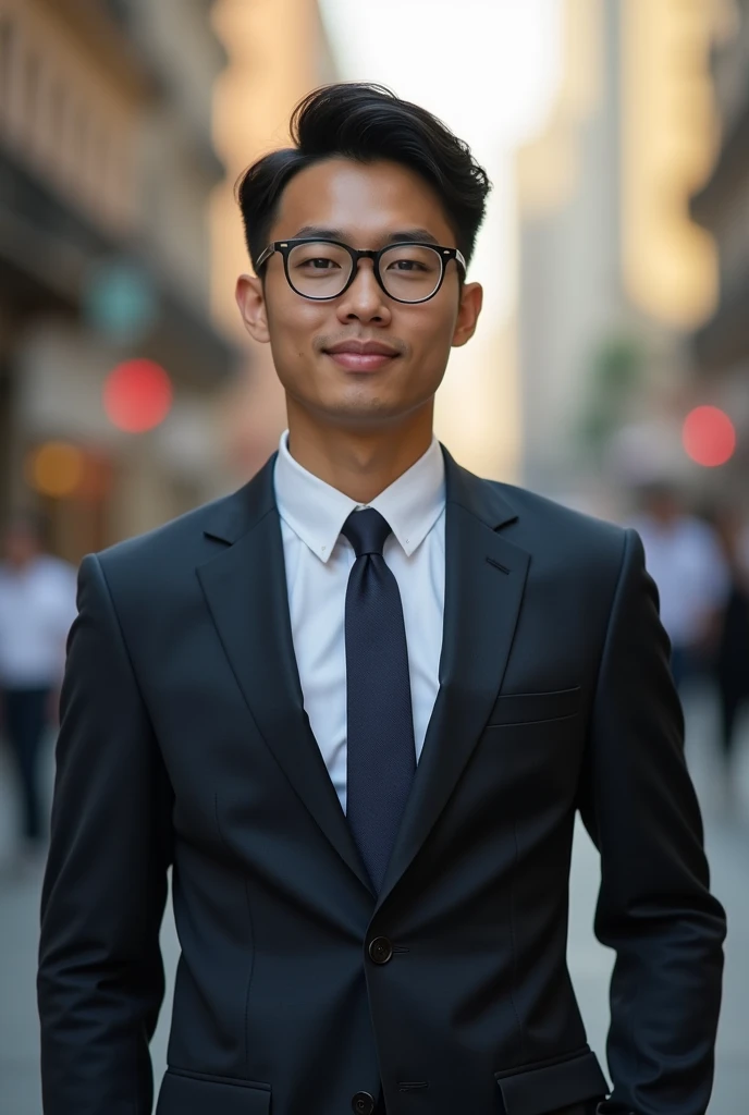 1boy,30 ages ,people of thailand descent, handsome male, face, no beard, CEO background, wearing glasses, suit outfit, very attractive, blurry_background, (high detailed skin:0.8), 8k uhd, dslr, soft lighting, HDR, warm light, high quality, film grain, Fujifilm XT3,