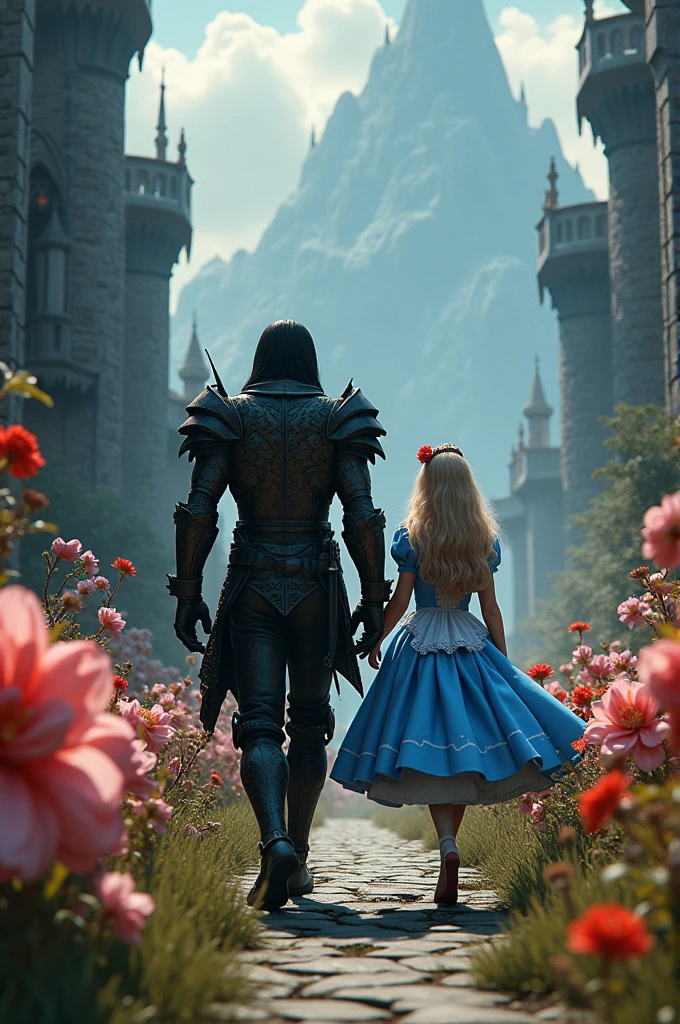 Guts from the Berserk manga walk alongside Alice from Alice in Wonderland in a highly detailed 3D fantasy world. Character motifs from various stories are blended together for a photo-realistic look. Cinematic lighting, drama, dark fantasy, gloomy atmosphere, bright colors, dramatic poses, and grand scale.