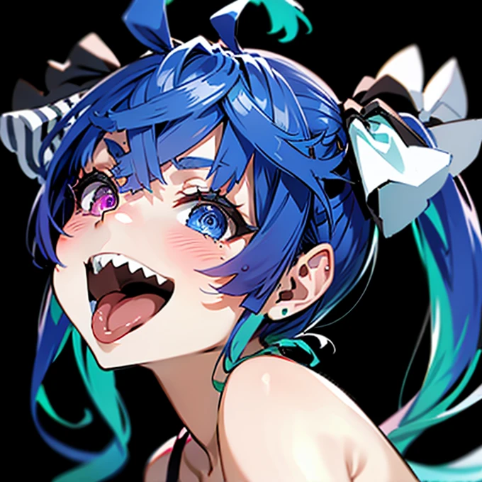 (​masterpiece,top-quality,hight resolution,Unity 8k,extremely details CG:1,Best Picture), angle from the front,Color illustration in the style of asanagi,live stage,perfect lighting,Top-down Bottom-up,Tongue out,Twin_Turbo_Umamusume,(aqua hair, twintails, heterochromia, purple eyes, blue eyes, sharp teeth),