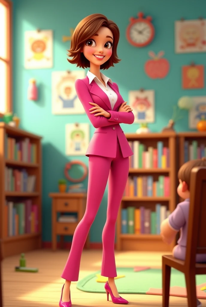 Disney Pixar type image of a tall teacher, slim, white tea, very short, chestnut colored hair, big brown eyes, with pink suit and white shirt, pink high heel shoes