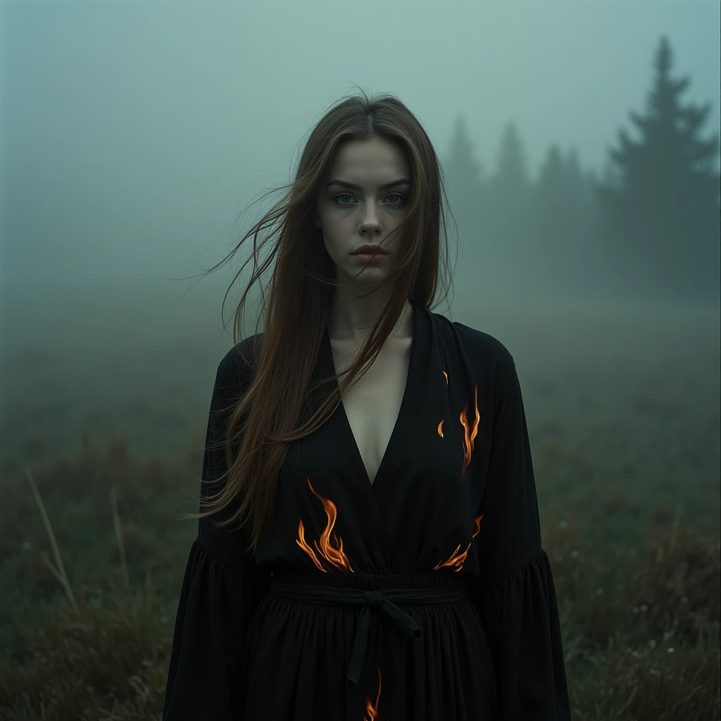 "memories are the water of life" (Misterious mood Soft Lighting Photography), stunning medium format og photo, TWbabeXL01 beautiful (woman), A beautiful ((evil slavic woman)), pale skin, long light brown hair, over the shoulde wide view, black over black background, highly detailed, detailed realistic photography, masterpiece half-body photo, finely detailed skin, emotional, professional color grading, epiCPhoto, OverallDetailXL analrain, Fujifilm Astia, low contrast, OverallDetailXL, dark fantasy, photo dress that has the patterns of burning fire, standing in a foggy field, liminal lighting, dslr, detailed quality, face covered by dark veil