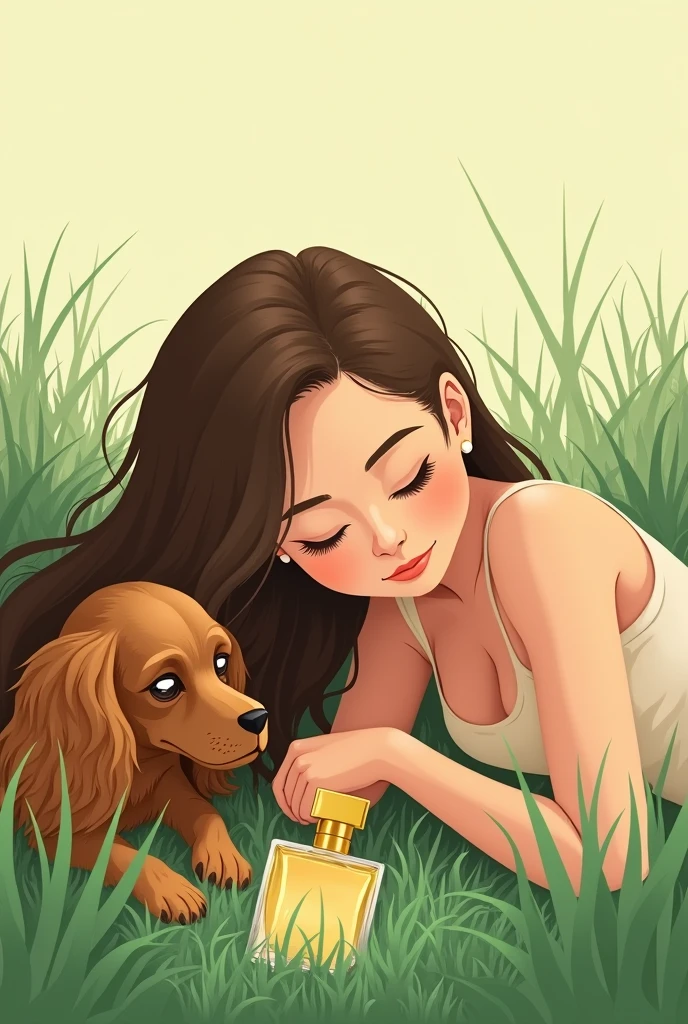 Minimalist illustration of a woman with brown hair lying on the ground on her arm while looking at a hidden perfume bottle among the grass with her brown cocker spaniel dog.