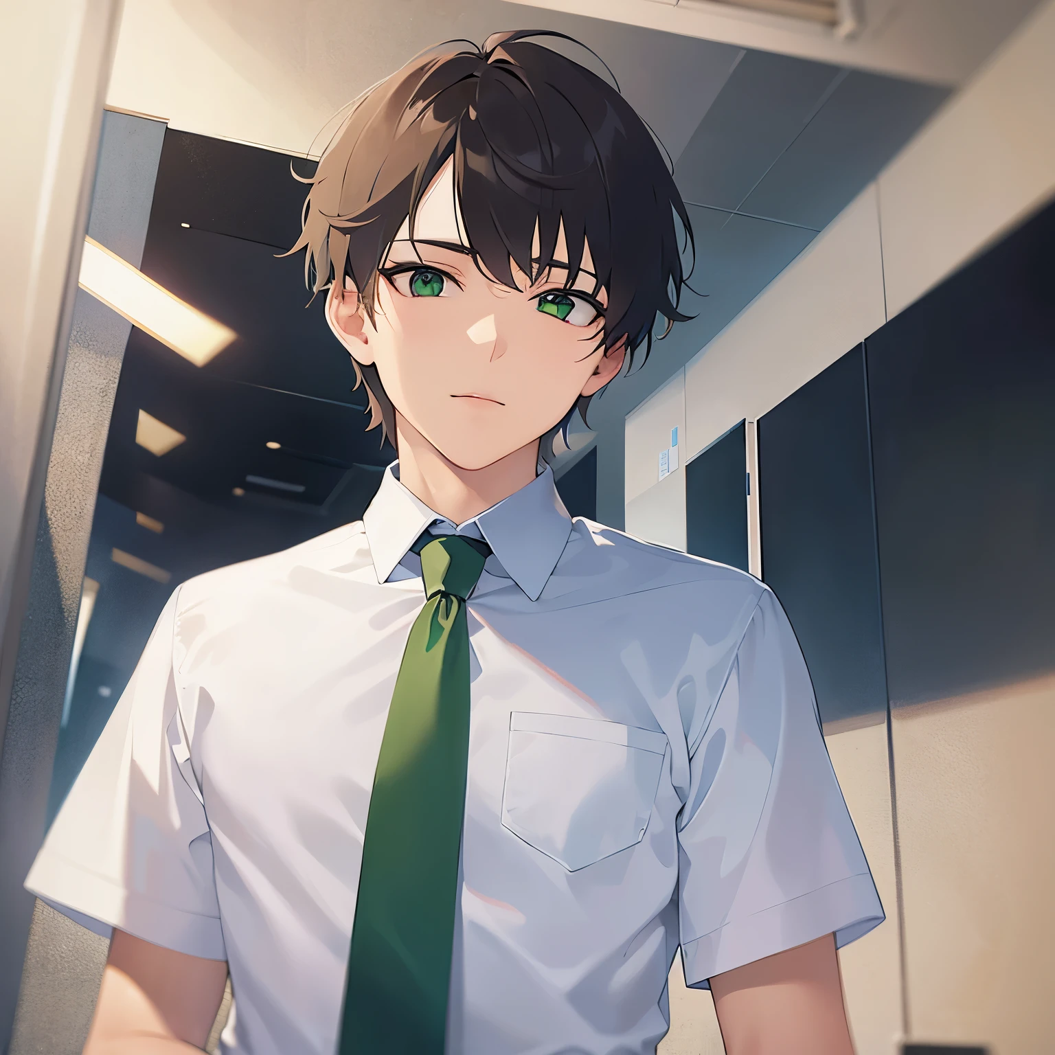 BREAK(25-year-old male:1.5) and (Brown short hair) and (Green Eyes)BREAK（looking away:1.5）Upper Body, Shooting from below、
shiny skin, masterpiece、Highest quality、

 BREAK (Wearing a suit:1.5) and (Green tie:1.5)BREAK
worried,The background is the office entrance、(alone:1.5)