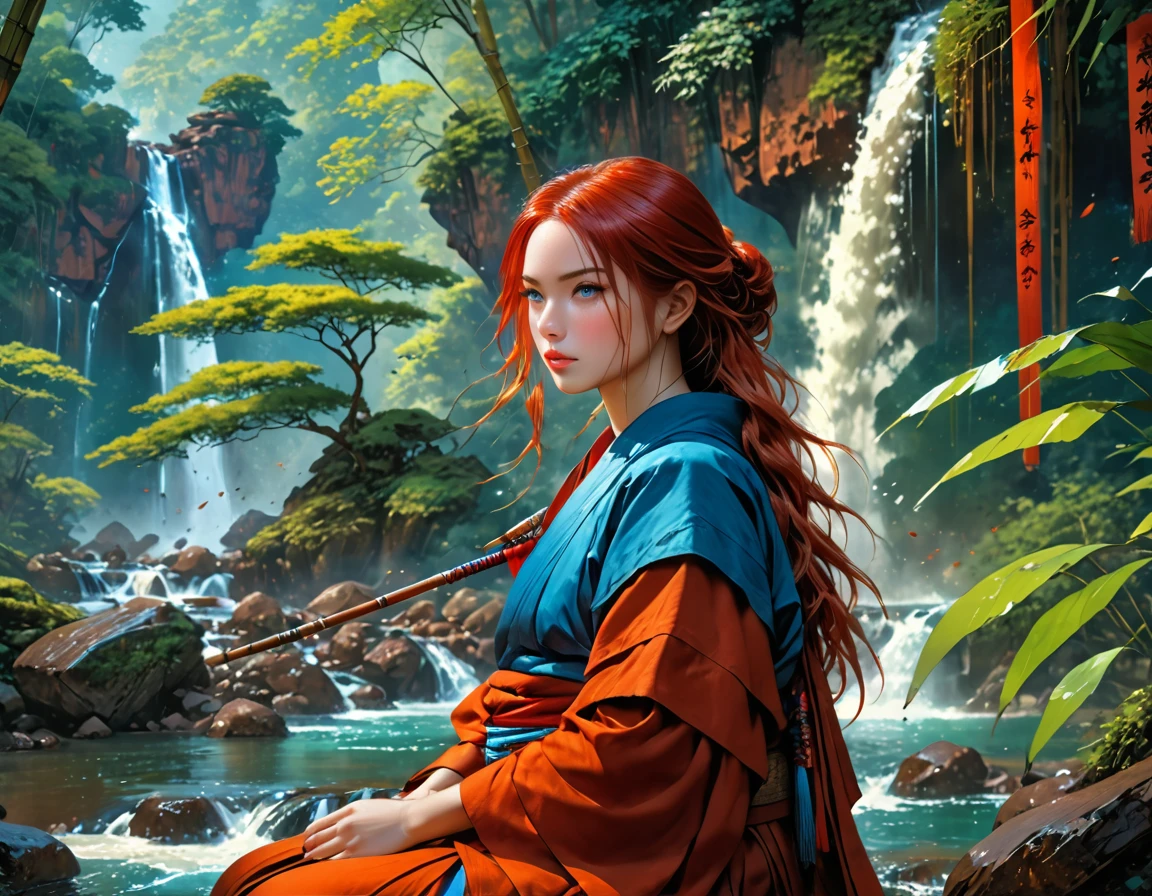 a picture of a (female monk: 1.2) sitting and meditating near a waterfall in a bamboo forest,  there is a human woman monk wearing monk garbs, (epic sized waterfall: 1.3), red hair, long hair, full body (best details, Masterpiece, best quality :1.5), ultra detailed face (best details, Masterpiece, best quality :1.5), ultra feminine (best details, Masterpiece, best quality :1.5), exquisite beautiful (best details, Masterpiece, best quality :1.5) red hair, long hair, wavy hair, pale skin, blue eyes, intense eyes, water coming down from a volcanic cliff, multi level water falls, several pools created in different levels, forming new waterfalls, water cascading into a many pools, clear water in many hues of blue and azure, bamboo forest background, fantasy art, photorealistic, D&D art, ultra best realistic, best details, best quality, 16k, [ultra detailed], masterpiece, best quality, (extremely detailed), ultra wide shot, photorealism, depth of field, hyper realistic painting, Cinematic Hollywood Film
