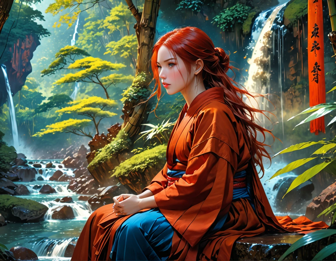 a picture of a (female monk: 1.2) sitting and meditating near a waterfall in a bamboo forest,  there is a human woman monk wearing monk garbs, (epic sized waterfall: 1.3), red hair, long hair, full body (best details, Masterpiece, best quality :1.5), ultra detailed face (best details, Masterpiece, best quality :1.5), ultra feminine (best details, Masterpiece, best quality :1.5), exquisite beautiful (best details, Masterpiece, best quality :1.5) red hair, long hair, wavy hair, pale skin, blue eyes, intense eyes, water coming down from a volcanic cliff, multi level water falls, several pools created in different levels, forming new waterfalls, water cascading into a many pools, clear water in many hues of blue and azure, bamboo forest background, fantasy art, photorealistic, D&D art, ultra best realistic, best details, best quality, 16k, [ultra detailed], masterpiece, best quality, (extremely detailed), ultra wide shot, photorealism, depth of field, hyper realistic painting, Cinematic Hollywood Film