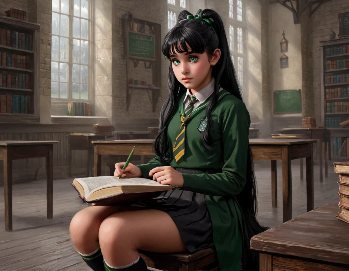 masterpiece, highest quality, Very detailed, 16k, Ultra-high resolution, daughter of severus snape, 11 year old girl,masterpiece,best quality,1girl,ppgzmmk,long hair,black hair,hair bow,blunt bangs,ponytail,green eyes,school uniform of hogwarts ,expressionless,sitting,reading,classroom,
