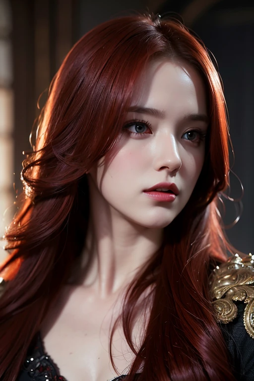 a beautiful girl with long flowing red hair, intense red glowing eyes, detailed facial features, highly detailed, intricate, ornate, dramatic lighting, cinematic, hyper realistic, 8K, photorealistic, award winning digital art, concept art, oil painting, masterpiece, dramatic colors, moody, atmospheric
