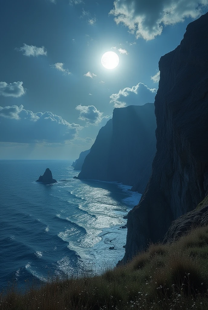 masterpiece, Highest quality,landscape、cliff edge、moon、moon光、(A dog barking in the distance)、
