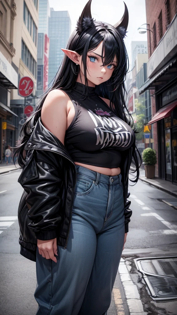 Adult female, curvy body, thick body, DD size breasts, dark BLACK hair, shoulder length hair, dark BLACK hair in a shoulder length wolf cut, light cyan blue eyes, ram horns on top of head, pointy ears, mature face, very beautiful, loose top, pants, punk style clothes, posing, city street.