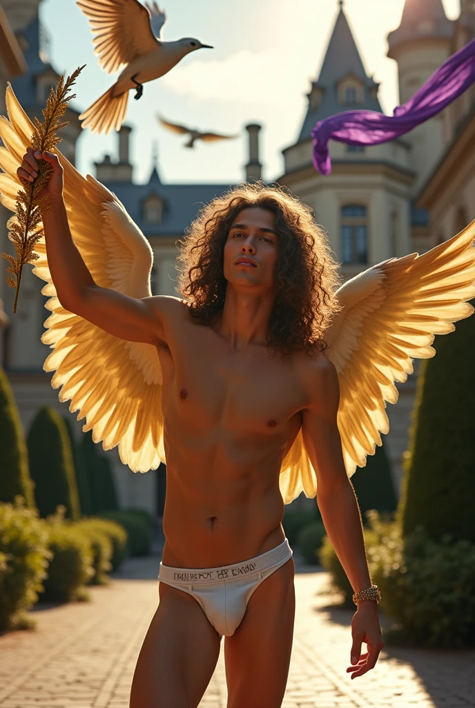 A skinny guy ager , teenung, long shot, he wore sexy briefs, sexy underwaer, in the in a large Victorian castle, has beautiful long curly hair, is in the courtyard of a Victorian mansion in a dynamic pose holding a golden laurel, with birds holding a purple cloth in the sky, and on his back he has golden wings,, with unparalleled attention to detail., This photorealistic portrait combines the style of National Geographic., Capture every detail of his textured skin in 8k resolution. Leica digital SLR camera. His features were clearly visible., From the deep-set eyes to the chiselled jawline., Make this image a true masterpiece..Lift. (8K UHD、RAW Photography、Photorealistic Portrait Leica Digital SLR、Lifelike images), big bulge, (bulgej8), HD, 8k, detail body, (detail face), pefect full body, ((long shot)), Realism, realistic detail, clean long leg, (tall guy), cute face, sand in the feets, (Best quality), realistic、a handsome white skin guy in sheet, white thong, Flawless anatomy、shirtless., ideal male body、male model, majicMIX alpha wheat orange boy band, HD, (8k), Ghost costume - Halloween, clean and white legs , extremely long, (male model), work of art, top quality, (handsome man), perfect body, male model beauty, ((sheer white underwear)), (male focus), (fit body), full body shot, full body shot, full body, (hairless body), tall and slim, shapely body, (young face), skin detailed, Real people, Reality, realistic optics, crazy details, Face model details, Maximum magnification, Exaggerated SurReality, quite, Light and intricate details, High detail, digital painting, art station, concept art, soft focus , pointy, unreal engine 5, 8k, art by Ross Tran and Greg Rutkowski and Alphonse Mucha, ultra HD, 8k, male only screen .8k Ultra HD, dslr, low light, high quality, Fujifilm XT3, model of 2 people, two people, (teenagerery young, male, wonderful, gorgeous,
