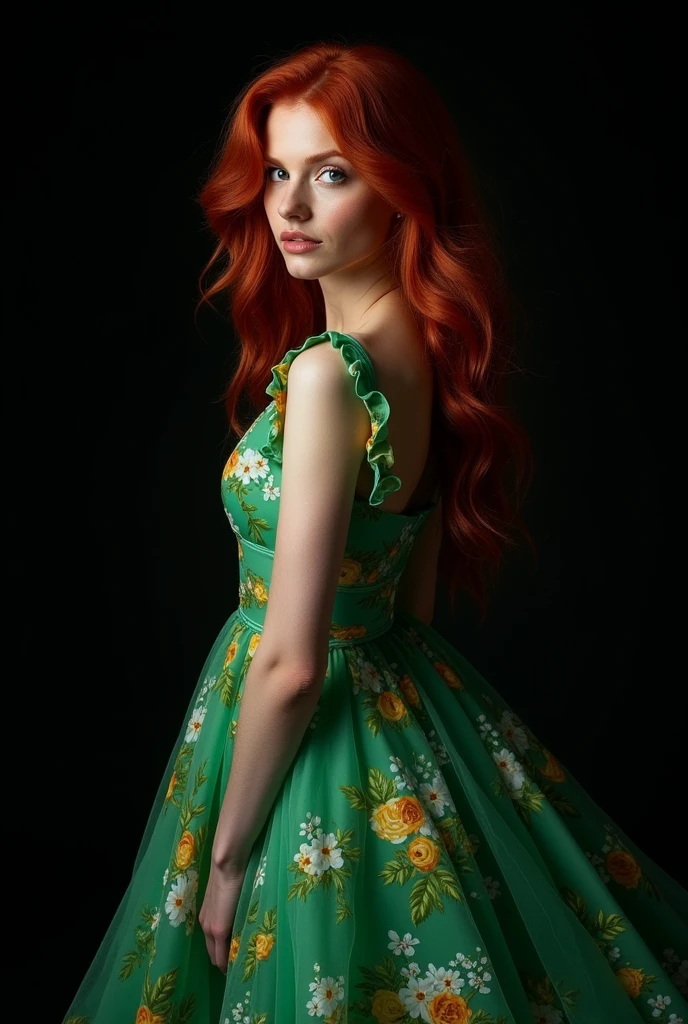 redhead, Pale skin, intense look, women, flowered green dress, black eyes, black pupils, Black background