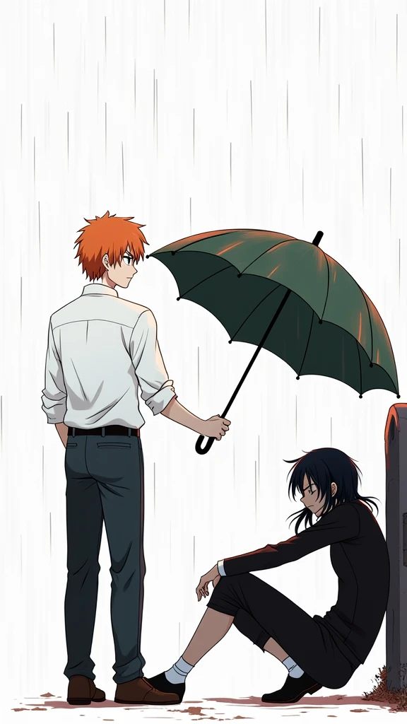 A guy with long black hair, gray eyes, Beautiful face, beautiful body, He sits leaning against a tombstone, It's raining, sad, a guy with orange hair and blue eyes is holding an umbrella over him, anime art, realistically, super detail, masterpiece