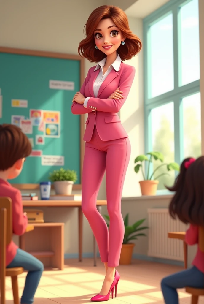 Disney Pixar style cover of a tall teacher, slim, white tea, very short, chestnut colored hair, big brown eyes, with pink suit and white shirt, pink high heel shoes