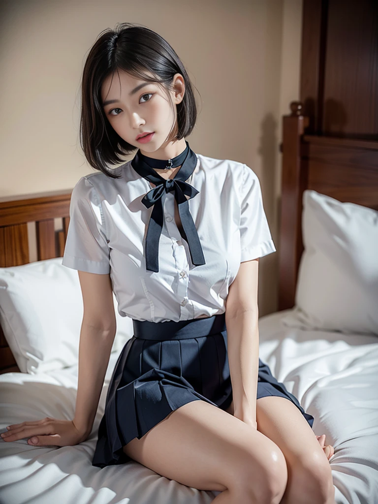 pov figure fingertips touch own lips with self hand while kneering down and approaching for a kiss girl is beautiful japanese female and beautiful russian female mixed race only in the face age is 15 features of the whole body black hair medium straight bob cut hair style beautiful small face with short eyelashes boyish eyes only high nose dark blue pupils very thin upper lip milky white skin accurate attractive body shape beautiful bust waist hip s thighs knees legs choker and tie on neck wearing a school uniform with dark blue skirt half opend eyes shy enamored face kindly and slight on bed