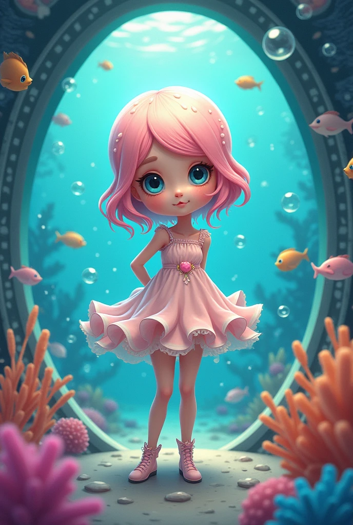 nice girl yes,flat chest,kawaii,(jellyfish girl:1.2), arms behind the back,Submarine,ruffled dress,