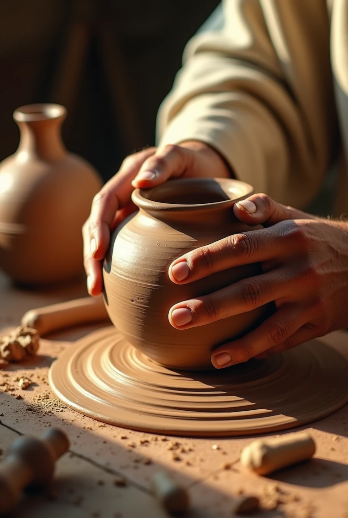 Jesus hands making pot front view close up