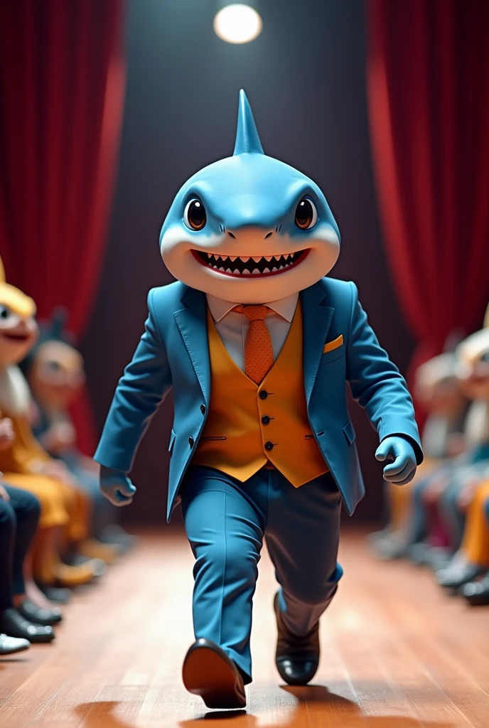 Cute baby shark with funny giant head wearing muscular business suit in realistic full body fashion show