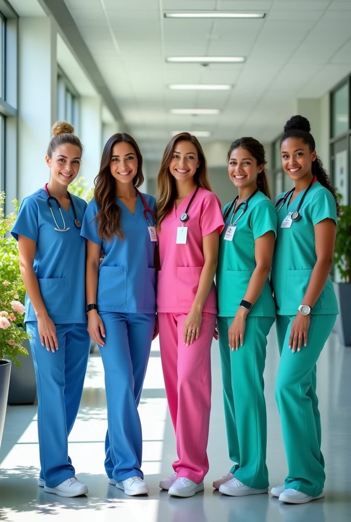 Five beautiful female nurses standing in a row.