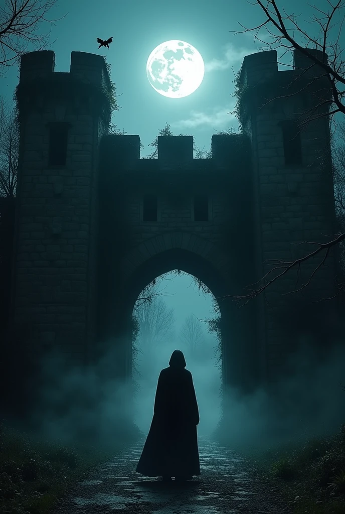 A silhouette of a person exploring a mysterious abandoned castle at night, with the full moon in the sky
