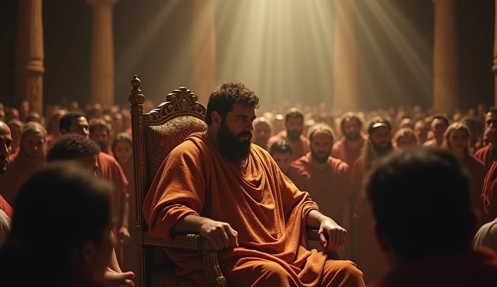 A dramatic scene of Pontius Pilate sitting on his governor's chair, with an expression of doubt. The court is full of people with various expressions of anger and expectation. Warm and dark colors predominate, with a light that highlights Pilate.