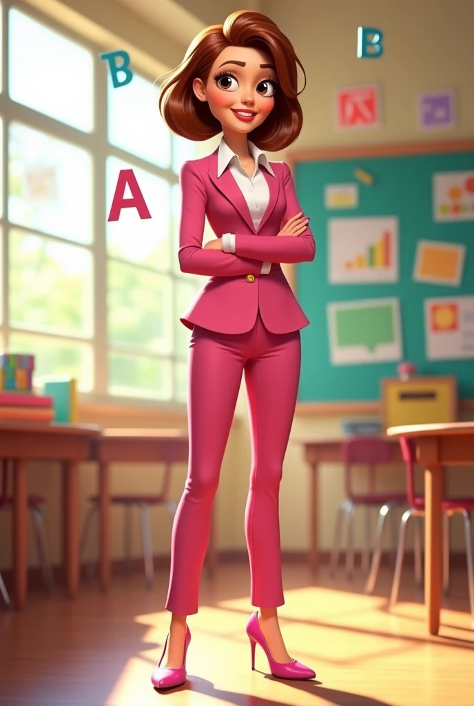 Disney Pixar style cover of a tall teacher, slim, white tea, very short, chestnut colored hair, big brown eyes, with pink suit and white shirt, pink high heel shoes