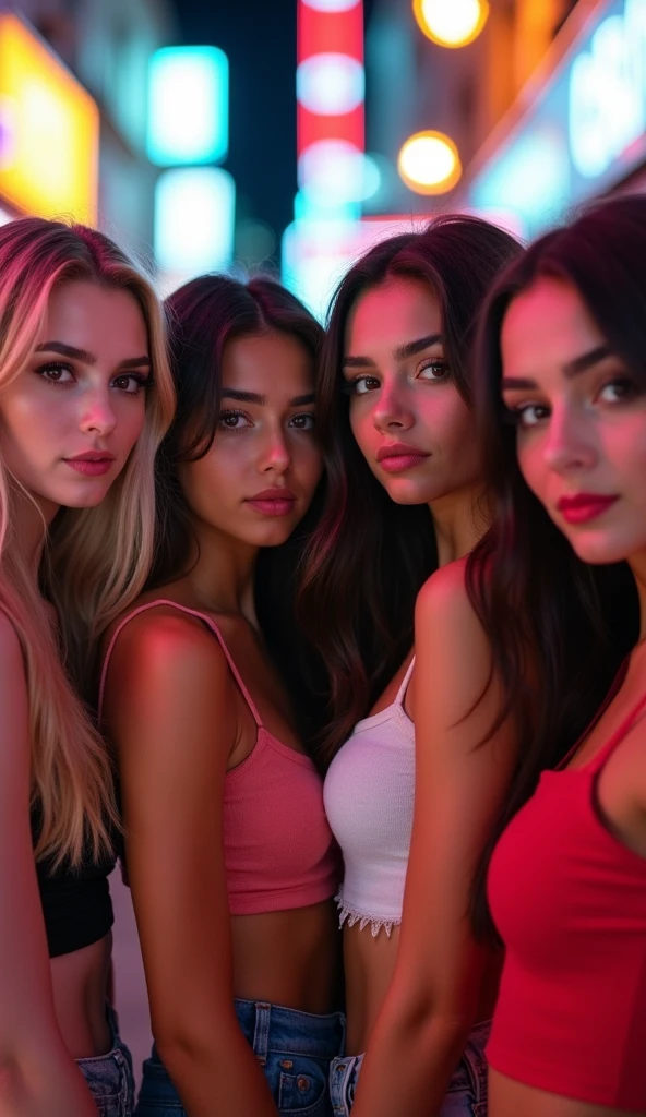 ((We have 4:1.8))、(4 sisters)、gal、(neon street)、(Four tall high school girls with model figures:1.7)、(Standing facing this), (best quality,4k,8k,highres,masterpiece:1.2),ultra-detailed,(realistic,photorealistic,photo-realistic:1.37),portraits,[close up],[women],[group],[short skirts],A close up of a group of women in short skirts, beautiful detailed eyes,beautiful detailed lips,extremely detailed faces,gorgeous makeup,stylish hairstyles,fashionable outfits,sassy poses,confident expressions,city backdrop,vibrant colors,soft lighting,colorful bokeh. ultra-high-quality. ultra detail.
