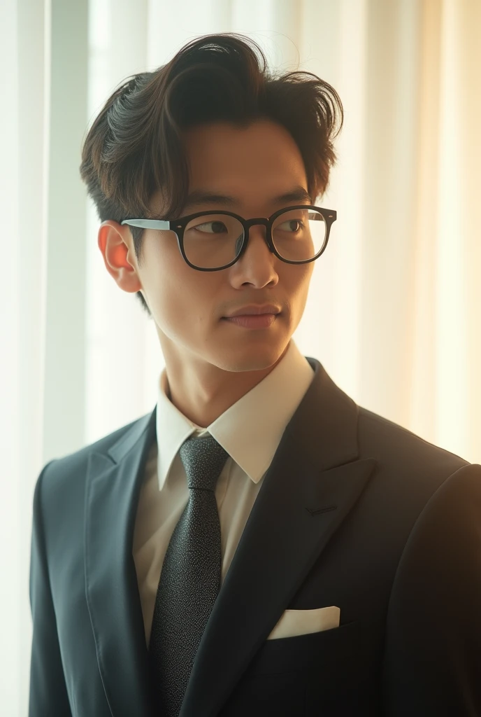 1boy,25 ages ,people of thailand descent, handsome male, face, no beard, white background, wearing glasses, suit outfit, very attractive, blurry_background, (high detailed skin:0.8), 8k uhd, dslr, soft lighting, HDR, warm light, high quality, film grain, Fujifilm XT3,